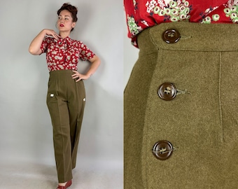 1930s Sporting Ladies Slacks | Vintage 30s Deadstock with Tags Olive Green Wool Pleated Trousers with Side Buttons and Pocket | Small/Medium