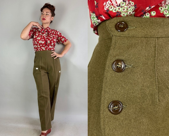 1930s Sporting Ladies Slacks | Vintage 30s Deadstock with Tags Olive Green Wool Pleated Trousers with Side Buttons and Pocket | Small/Medium