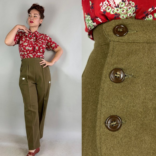 1930s Sporting Ladies Slacks | Vintage 30s Deadstock with Tags Olive Green Wool Pleated Trousers with Side Buttons and Pocket | Small/Medium