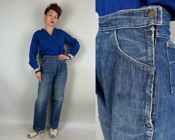 1950s Rebel Rachel Jeans | Vintage 50s Perfect Fade Indigo Blue Denim Dungarees Side Zip Pants with Yellow Top Stitching | Small