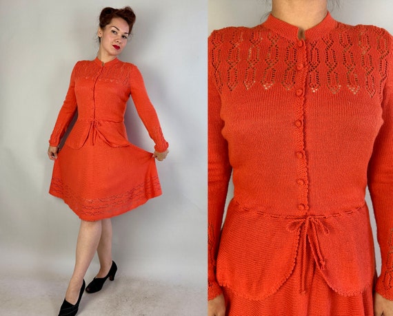 1940s Pumpkin Patch Knit Dress Set | Vintage 40s Orange Fine Wool Cardigan Sweater Peplum Top & Skirt Two Piece Set | Small Medium Large
