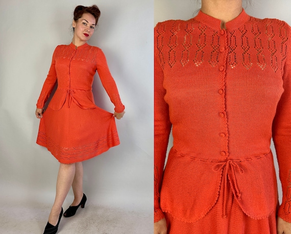 1940s Pumpkin Patch Knit Dress Set | Vintage 40s Orange Fine Wool Cardigan Sweater Peplum Top & Skirt Two Piece Set | Small Medium Large