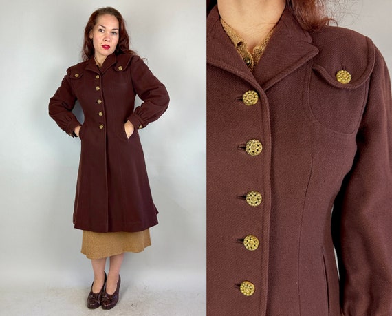 1930s Golden Ticket Coat | Vintage 30s Chocolate Brown Wool Gathered Sleeves Overcoat with Gold Floral Buttons and Pockets | Small Medium