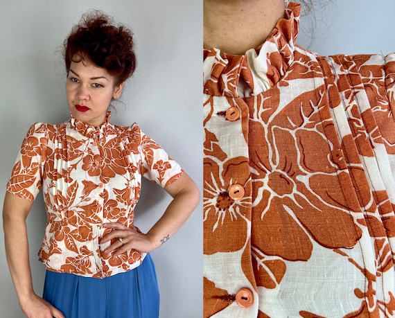 1930s Tropic Tootsie Blouse | Vintage 30s White and Burnt Orange Tropical Hawaiian Flower Print Linen Peplum Shirt w/Puff Sleeves | Small XS