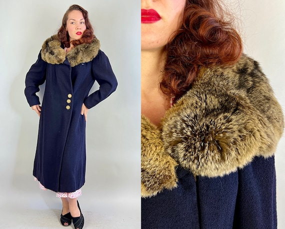 1920s Cuddly Cocoon Coat | Vintage Antique 20s Navy Blue Nubby Wool Overcoat with Fox Fur Collar and Asymmetric Buttons | Medium Large