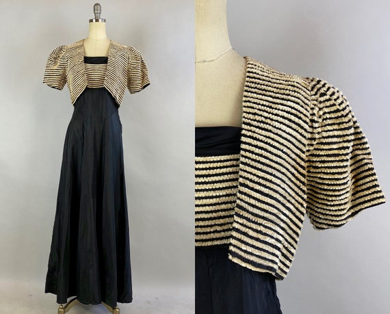 1930s Deco Darling Dress Set | Vintage 30s Black Rayon Taffeta Floor Length Gown & Puff Sleeves White Fuzzy Stripes Bolero | Extra Small XS