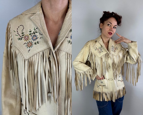 1950s Grand Ole Opry Cowgirl Jacket | Vintage 50s White Leather Westernwear Country Fringe Coat with Floral Western Beading | Small Medium