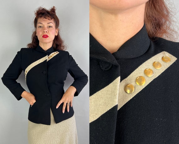 1940s Hollywood Heroine Blazer | Vintage 40s Gilbert Adrian Black Wool Suit Jacket with Asymmetric Ivory Stripes and Gold Medallions | Small