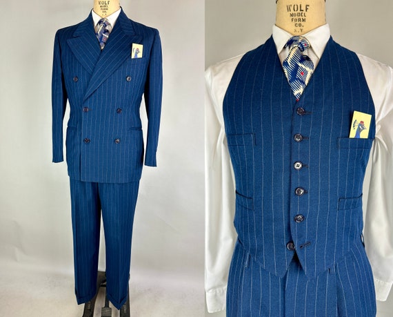 1940s Midnight Marauder Suit | Vintage 40s Midnight Blue Wool Twill with White Pinstripes Three-Piece Set Jacket Vest Pants | Size 38 Medium