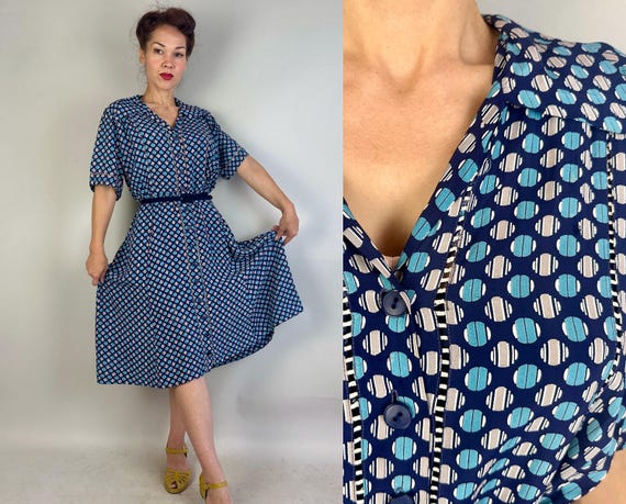 1940s Having A Ball Dress | Vintage 40s Blue Grey and White Circle Print Rayon Button Up Frock with Openwork Stripes | Extra Large XL