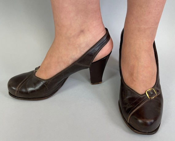 1940s Betty Loves Buckles Shoes | Vintage 40s Coffee Bean Brown Leather Slingback Comfortable Heel Pumps and Rounded Toe | Size US 7.5 7&1/2