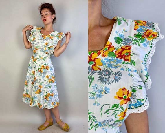 1940s Practically Perfect Pinafore Dress | Vintage 40s White Yellow Blue and Green Floral Cotton Ruffled Eyelet Lace Frock | Extra Large XL