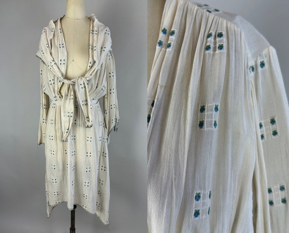 1910s Winsome Windowpane Overdress and Shawl Ensemble | Vintage Antique Teens White Cotton Crepe Dress with Blue & Green Embroidery | Small