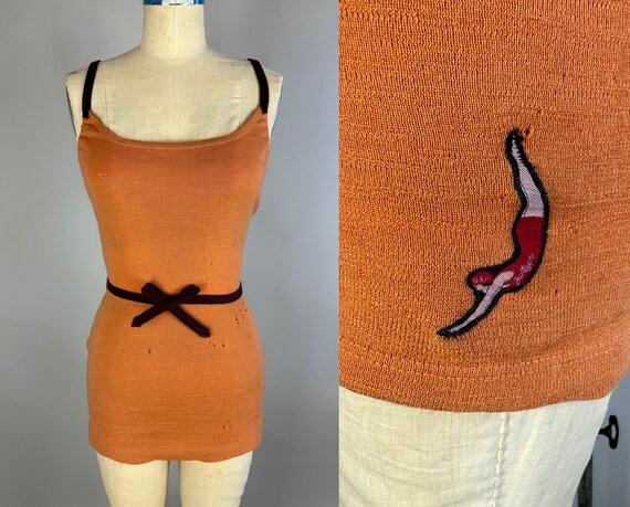 1930s Creamsicle Dream Swimsuit | Vintage 30s Orange Wool Knit Jantzen Bathing Suit with Brown Straps and Celluloid Hoops | Small Medium