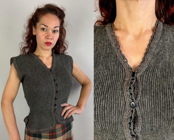 1940s “Hug Me Tite” Knit Vest | Vintage 40s Steel Grey Wool Nipped Waist Peplum Sleeveless Button Up Sweater Waistcoat Top | Small Medium