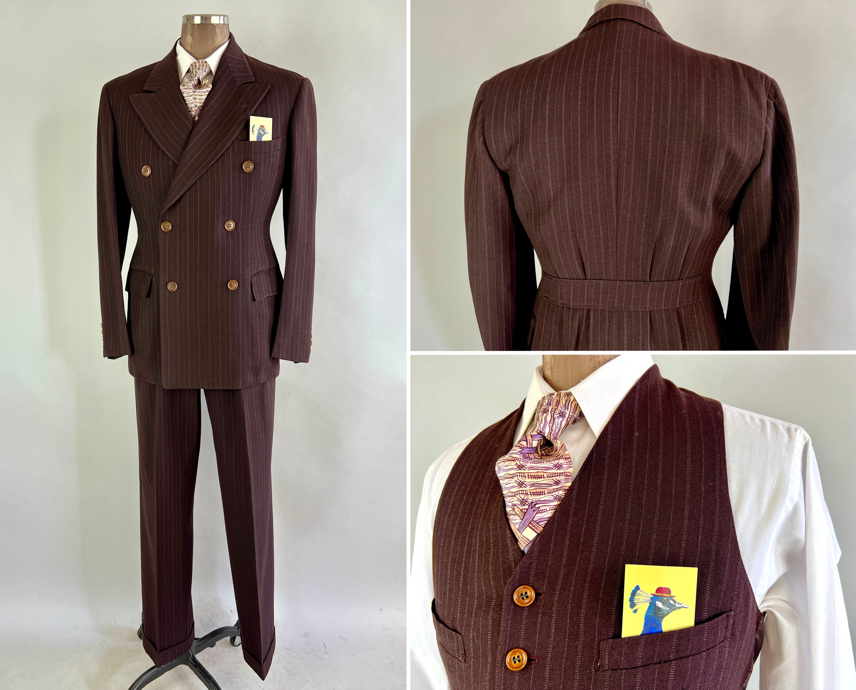 1930s Sharp Three Piece Belted Back Suit Vintage 30s Hickory Brown Wool Pinstripe 3Piece