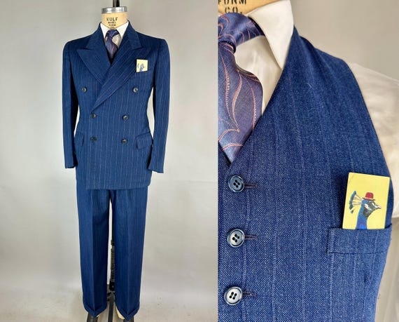 1940s Blue Ribbon Winner Suit | Vintage 40s Snowy Denim Blue Pinstripe Three-Piece Peak Lapel Jacket Vest and Pants Set | Size 38 Medium