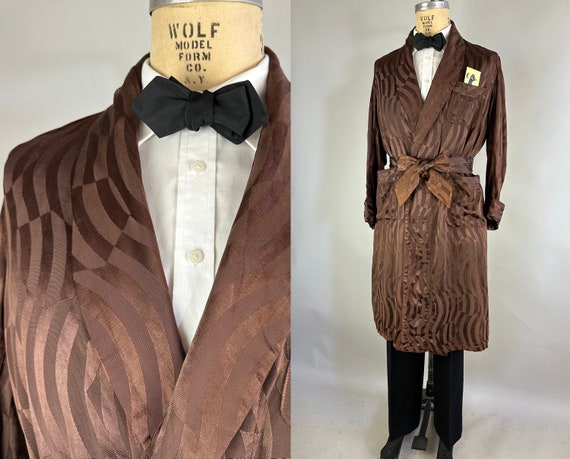 1940s Smoke Gets in Your Eyes Robe | Vintage 40s Brown Tone on Tone Wavy Brocade Rayon Smoking Jacket w/Belt and Red Top Stitching | Medium