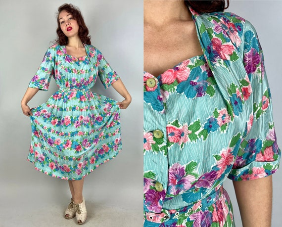 1940s Day Date Dress | Vintage 40s Blue Pink Purple and Green Floral Silk Frock with Pleated Sweetheart Neckline and Belt | Extra Large XL