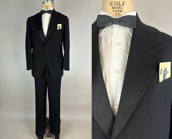 1920s Time Tested Tuxedo | Vintage Antique 20s Black Wool Formal Evening Tux Suit w/Silk Lapel and Stripe Dated 1927 + 1930 | Size 38 Medium
