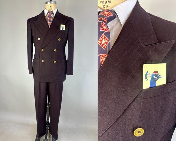 1940s Man of Excellence Suit | Vintage 40s Brown w/ Blue Windowpane Pinstripes Wool Double Breasted Peak Lapel Two-Piece | Size 38-40 Medium