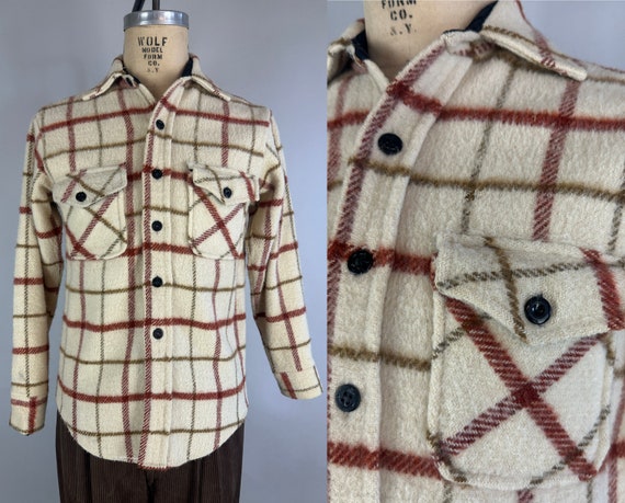 1950s Toasty Marshmallow Camp Shirt | Vintage 50s White Burnt Sienna and Tawny Brown Plaid Flannel Button Up Top | Small