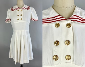 1940s Tennis Tootsie Dress | Vintage 40s White Rayon Nautical Theme Sports Frock with Gold Sailor Buttons and Red Trim | Extra Small XS