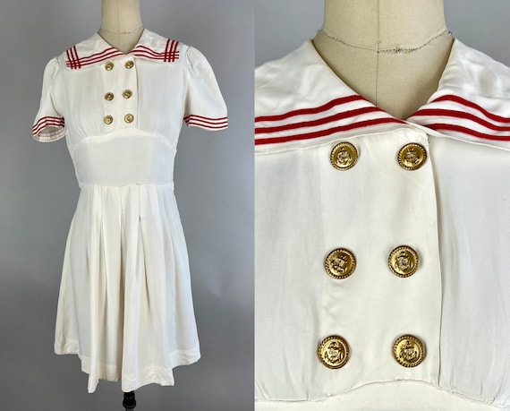 1940s Tennis Tootsie Dress | Vintage 40s White Rayon Nautical Theme Sports Frock with Gold Sailor Buttons and Red Trim | Extra Small XS