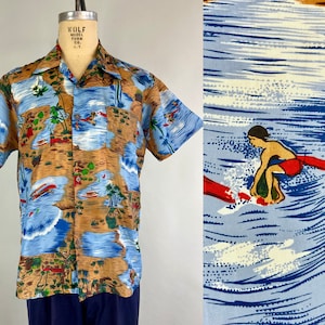 May include: A short-sleeved, brown and blue Hawaiian shirt with a beach scene print. The print features palm trees, surfers, and boats. The shirt has a button-down collar and a pocket on the left chest. The shirt is made by "Wolf Model Form Co."