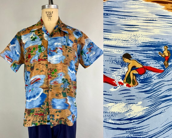 1950s Ride the Wave Shirt | Vintage 50s Blue Brown Green and Red Nylon Hawaiian Novelty Island Tiki Button Up Shirt with Surfers | Large