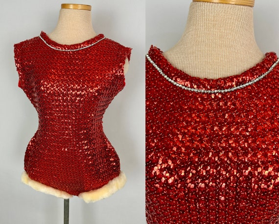 1950s Santa Baby Burlesque Costume | Vintage 50s Red Sequin Stretchy Knit w/White Wool Trim Rockette Style Leotard Bodysuit | Medium Large