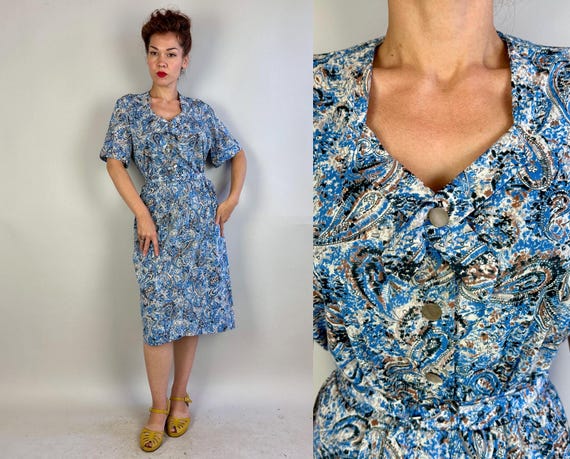 1950s Ripples in the Water Dress | Vintage 50s Blue Brown Taupe & White Mottled Swirling Paisley Nylon Jersey Frock w/belt | Extra Large XL