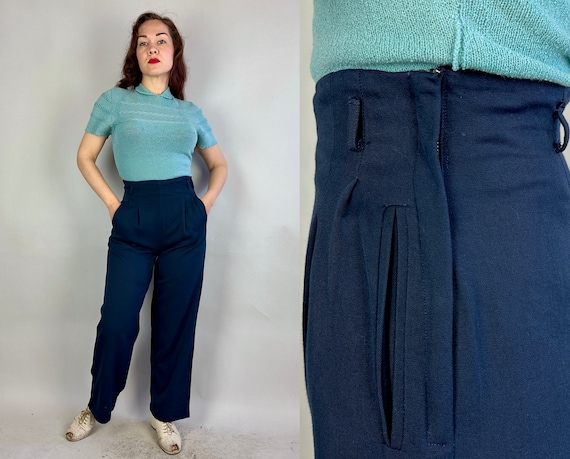 1940s Hollywood Heroine Trousers | Vintage 40s Navy Blue Wool Gabardine Pants with High Waist Pleated Front Pockets & Side Zip | Medium