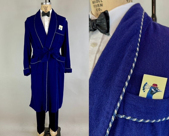 1930s At Home in Hollywood Robe | Vintage 30s Navy Wool Flannel Smoking Jacket with Two Tone Rope Trim Pockets and Belt | Medium Large