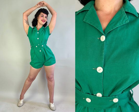 1940s Carlas Calisthenics Romper | Vintage 40s Wintergreen Cotton Button Up Bloomer Shorts Gym Togs Playsuit with Belt | Small Medium Large