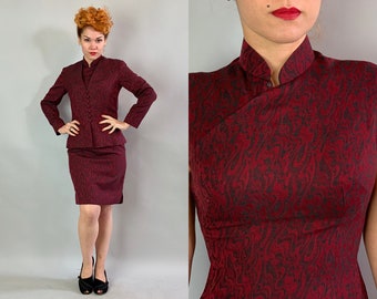 1950s East Meets West Cheongsam Set | Vintage 50s Maroon Red Wool w/ Black Marbeling Qipao Chinese Dress & Matching Jacket Ensemble | Small