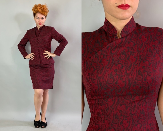 1950s East Meets West Cheongsam Set | Vintage 50s Maroon Red Wool w/ Black Marbeling Qipao Chinese Dress & Matching Jacket Ensemble | Small