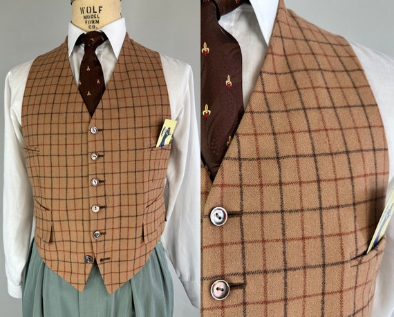 1930s Terrific Tattersall Vest | Vintage 30s NRA Label Camel Brown Wool Waistcoat w/Walnut & Burnt Sienna Tattersall Plaid | Size 40 Medium