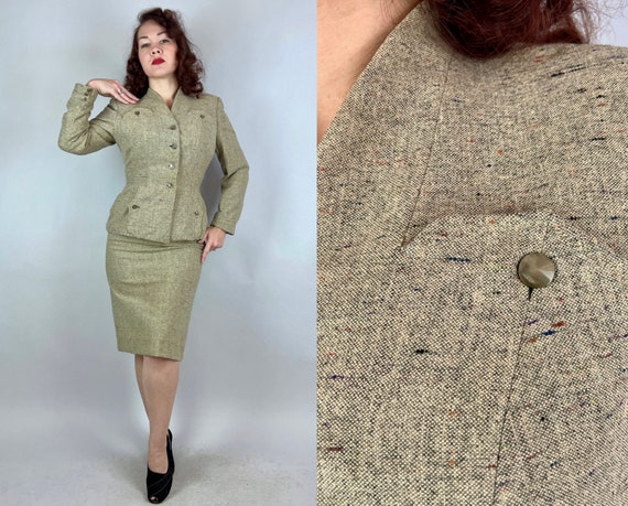 1940s Terrific in Tweed Suit | Vintage 40s Grey Wool with Orange Purple Red Blue and Black Flecks Two Piece Jacket and Skirt Set | Small