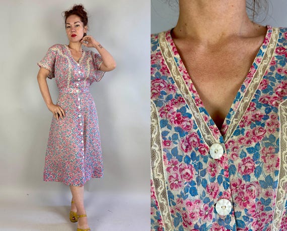 1930s Patty's Pretty Pansy Frock | 30s Pink & Blue Floral Depression Era Volup Day Shirt Cotton Dress with Lace Details | Extra Large XL
