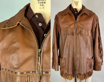 Jaqueta Rebel Wrangler dos anos 1940 | Casaco de couro estilo cowboy vintage dos anos 40, em dois tons de marrom escuro e cobre, com franjas e punhos com botões | Tamanho Extra Grande (XL)
