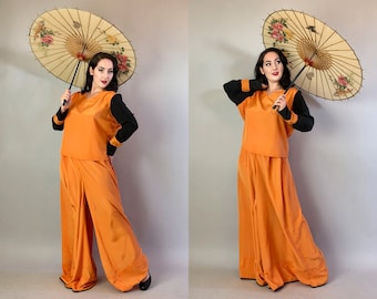 1930s Beach Pajama Set | Vintage 30s Loungewear Color Block Orange and Midnight Black Silk Resort Wear Palazzo Pants & Ruched Top | Large