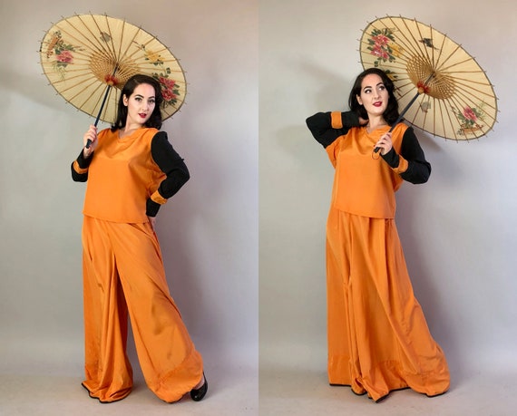 1930s Beach Pajama Set | Vintage 30s Loungewear Color Block Orange and Midnight Black Silk Resort Wear Palazzo Pants & Ruched Top | Large