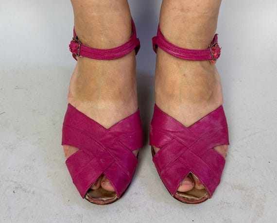 1930s Dancer's Delight Shoes | Vintage 30s Pink Leather High Heel Peeptoe Mary Janes Pumps with Cut Outs & Rhinestone Buckle | Size 8 US