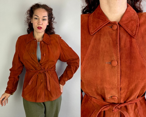 1940s Call of the Canyon Suede Jacket | Vintage 40s Rust Brown Orange Leather Short Sportswear Autumnal Coat with Pockets and Belt | Small