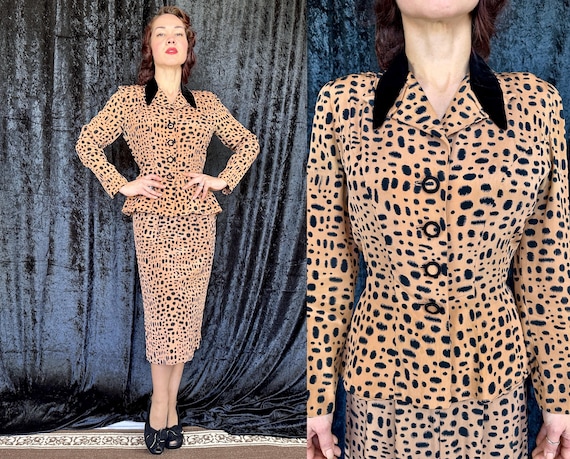 1950s Fierce Femme Fatale Suit | Vintage 50s Brown and Black Animal Print Silk Jacket and Skirt Set with Velvet Accents | Extra Small XS