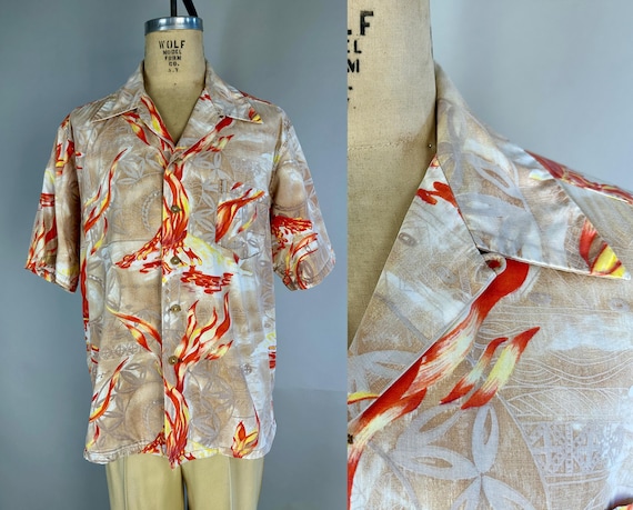 1940s Volcanic Vic Shirt | Vintage 40s Beige Orange & Yellow Hawaiian Cotton Button Up w/Lava Flow Volcanoes by "Kamehameha" | Extra Large