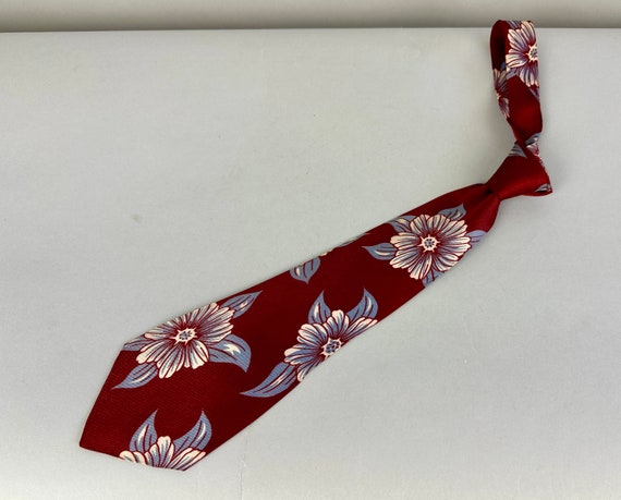 1940s Tropical Getaway Tie | Vintage 40s Wide Crimson Red Silk Necktie with Cornflower Blue and White Island Flowers by 'Trimley'