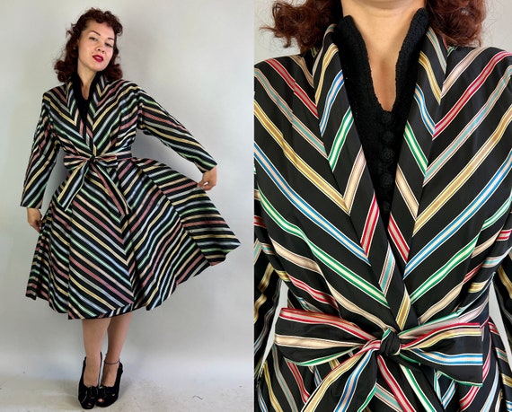 1940s Taste the Rainbow Coat | Vintage 40s Black Thick Rayon Taffeta with Multicolor Stripe Swing Jacket with Sash Belt | Small Medium Large