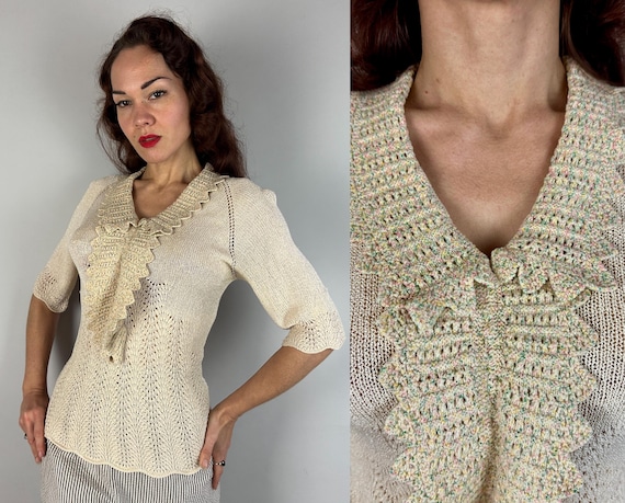 1930s Spectacular Speckled Knit Top | Vintage 30s Rayon Cream Pistachio Green and Pink Lace Collar Scallop Edge Ruffle Blouse | Small